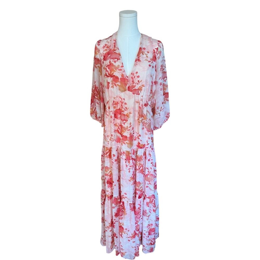 Bleecker 126 Pink Coral Floral Chiffon Maxi Dress Women’s 12 3/4 Sleeve